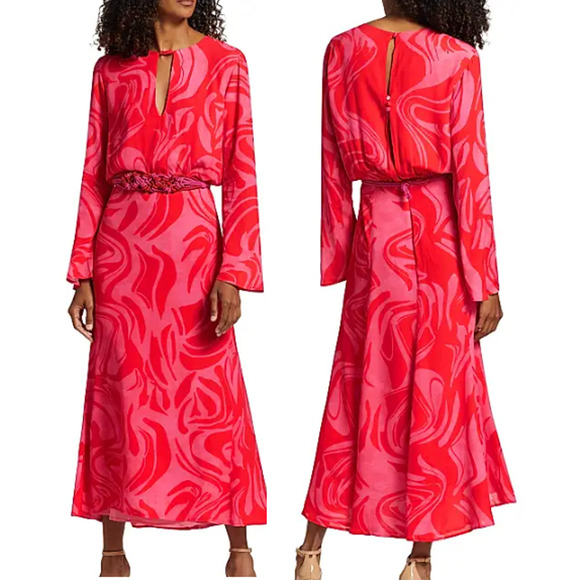 NWT Silvia Tcherassi Pesaro Belted Cut-Out Midi-Dress Pink Red Marble Womens XXL - Picture 1 of 7